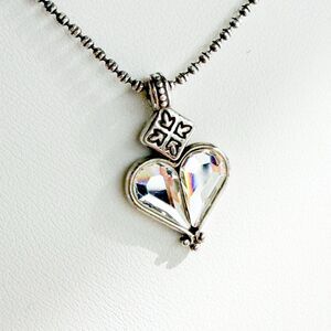 Brighton Silver Tone Faceted Crystal Heart Necklace Scroll Pendant 18 Reversible